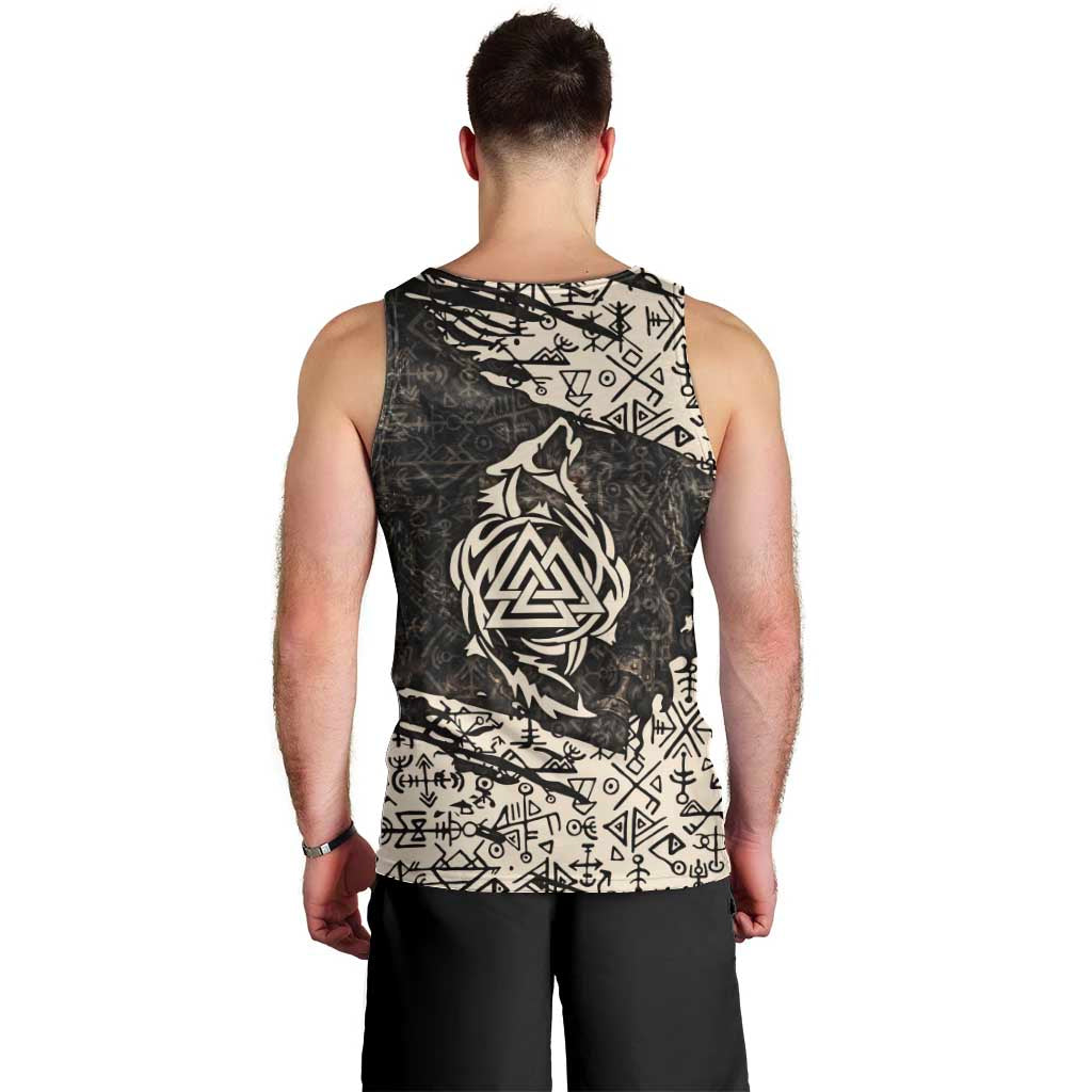 Fenrir Men Tank Top with Norse Symbols and Howling Wolf Viking Mythology Tribute - Wonder Print Shop