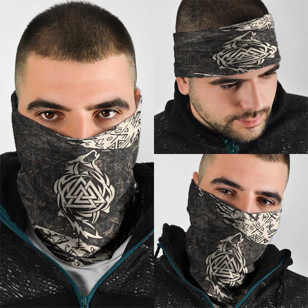 Fenrir Neck Gaiter with Norse Symbols and Howling Wolf Viking Mythology Tribute - Wonder Print Shop