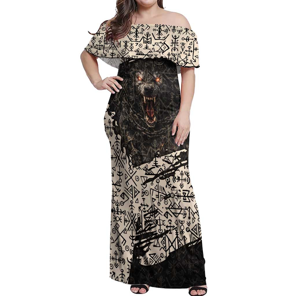 Fenrir Off Shoulder Maxi Dress with Norse Symbols and Howling Wolf Viking Mythology Tribute - Wonder Print Shop