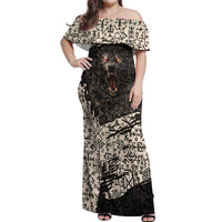 Fenrir Off Shoulder Maxi Dress with Norse Symbols and Howling Wolf Viking Mythology Tribute - Wonder Print Shop