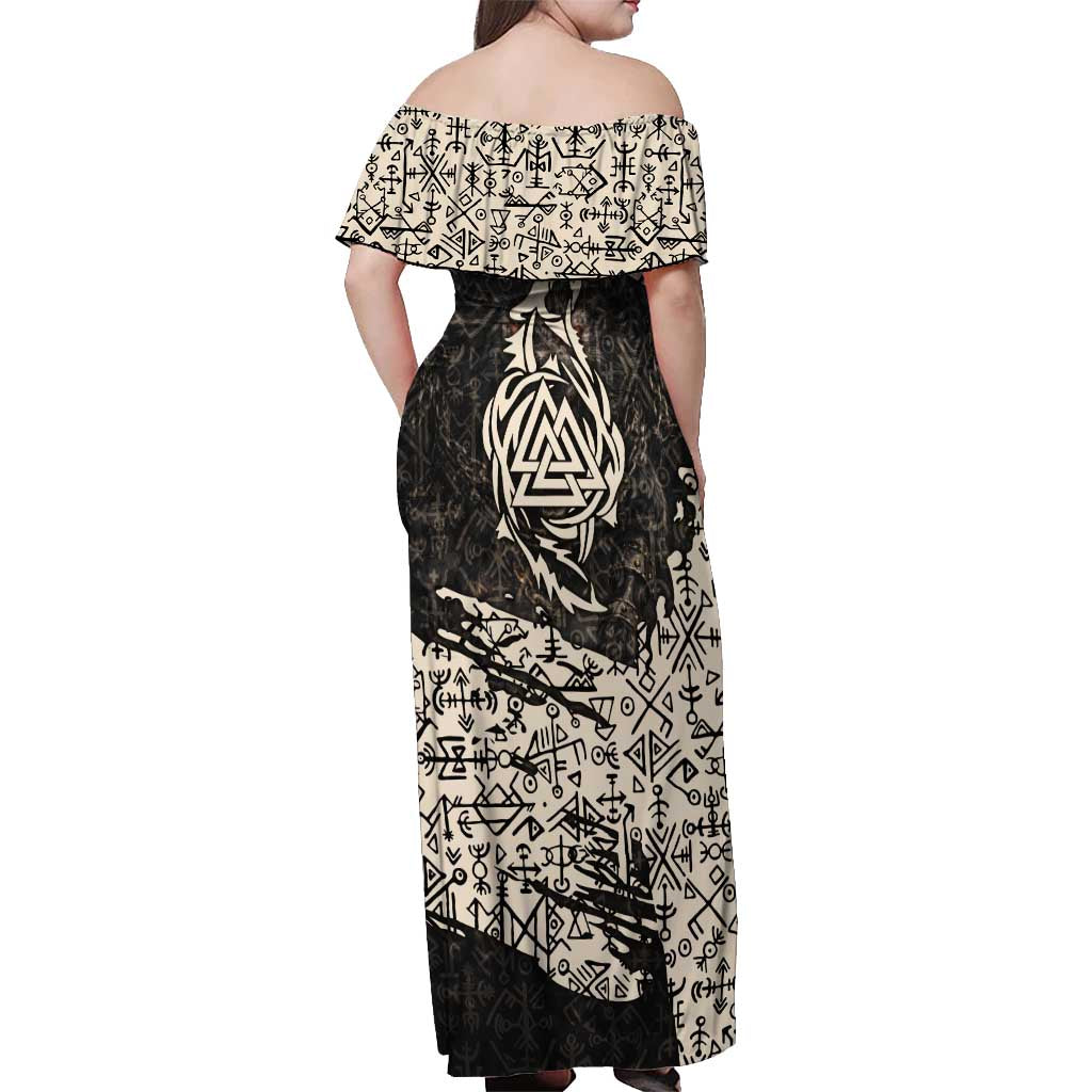 Fenrir Off Shoulder Maxi Dress with Norse Symbols and Howling Wolf Viking Mythology Tribute - Wonder Print Shop