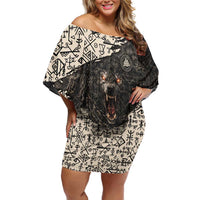 Fenrir Off Shoulder Short Dress with Norse Symbols and Howling Wolf Viking Mythology Tribute - Wonder Print Shop