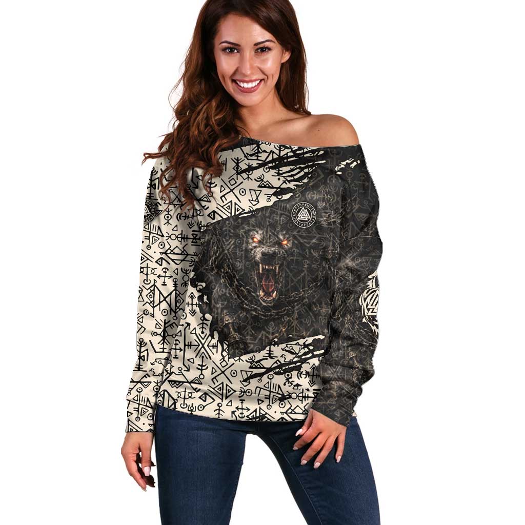 Fenrir Off Shoulder Sweater with Norse Symbols and Howling Wolf Viking Mythology Tribute - Wonder Print Shop