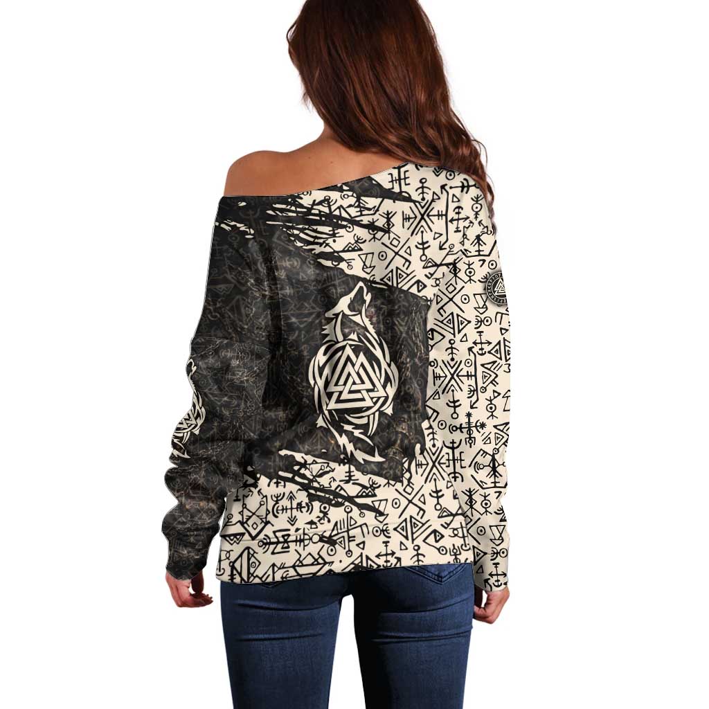 Fenrir Off Shoulder Sweater with Norse Symbols and Howling Wolf Viking Mythology Tribute - Wonder Print Shop