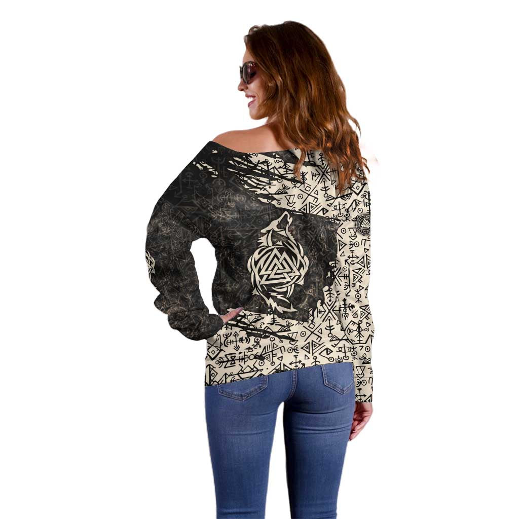 Fenrir Off Shoulder Sweater with Norse Symbols and Howling Wolf Viking Mythology Tribute - Wonder Print Shop