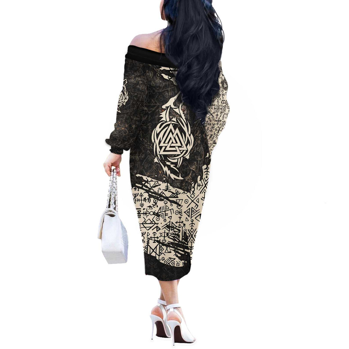Fenrir Off The Shoulder Long Sleeve Dress with Norse Symbols and Howling Wolf Viking Mythology Tribute - Wonder Print Shop