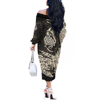 Fenrir Off The Shoulder Long Sleeve Dress with Norse Symbols and Howling Wolf Viking Mythology Tribute - Wonder Print Shop