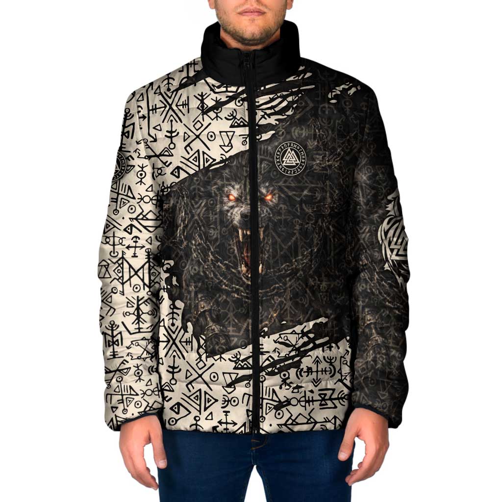 Fenrir Padded Jacket with Norse Symbols and Howling Wolf Viking Mythology Tribute - Wonder Print Shop