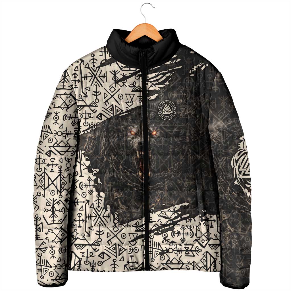 Fenrir Padded Jacket with Norse Symbols and Howling Wolf Viking Mythology Tribute - Wonder Print Shop