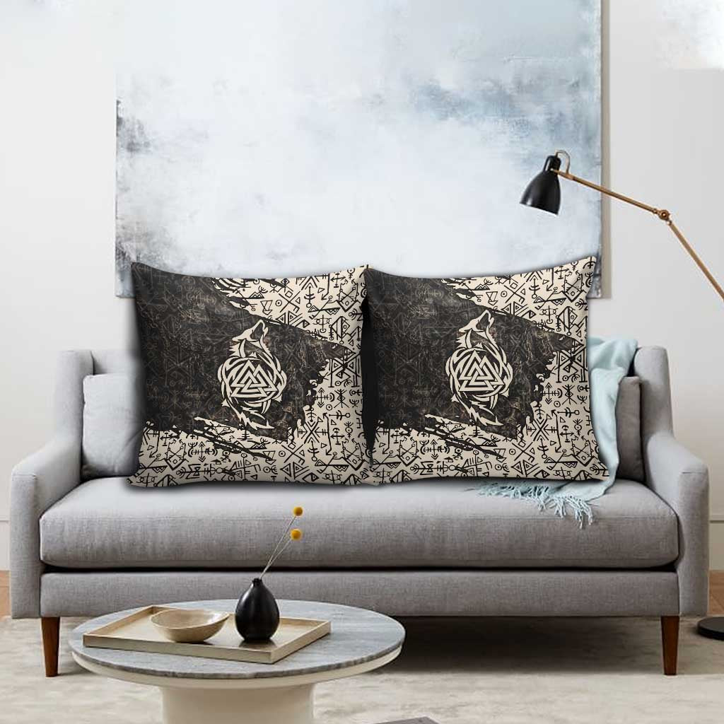 Fenrir Pillow Cover with Norse Symbols and Howling Wolf Viking Mythology Tribute - Wonder Print Shop