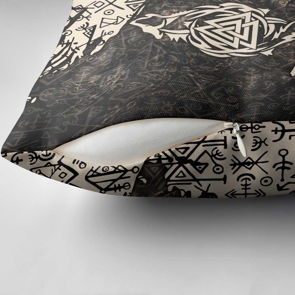 Fenrir Pillow Cover with Norse Symbols and Howling Wolf Viking Mythology Tribute - Wonder Print Shop