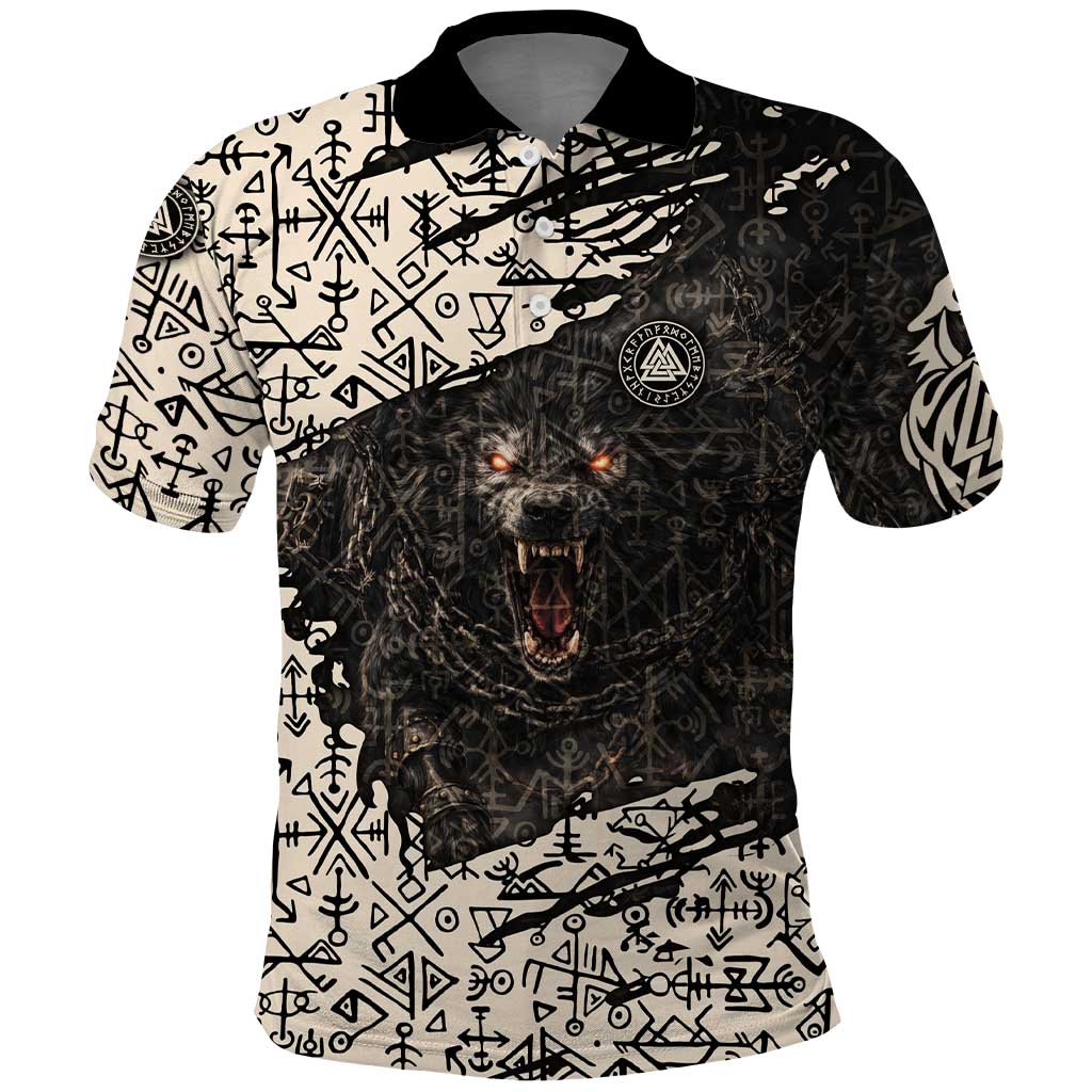 Fenrir Polo Shirt with Norse Symbols and Howling Wolf Viking Mythology Tribute - Wonder Print Shop