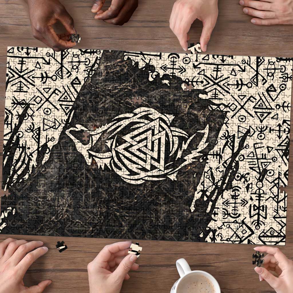 Fenrir Puzzle with Norse Symbols and Howling Wolf Viking Mythology Tribute - Wonder Print Shop
