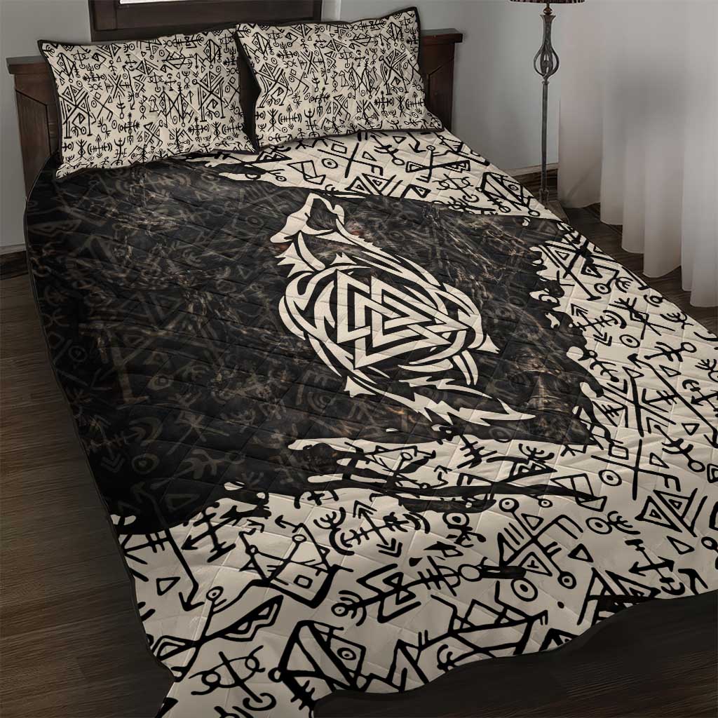 Fenrir Quilt Bed Set with Norse Symbols and Howling Wolf Viking Mythology Tribute - Wonder Print Shop