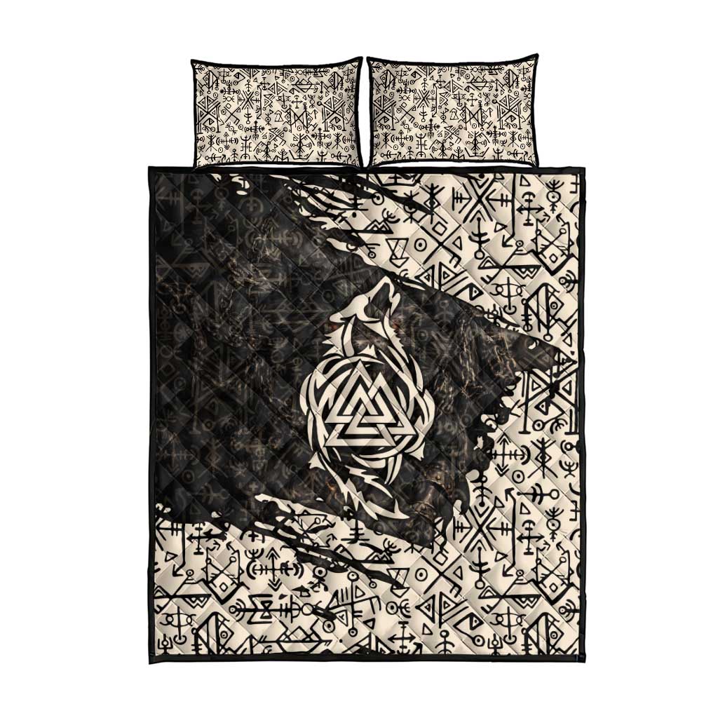 Fenrir Quilt Bed Set with Norse Symbols and Howling Wolf Viking Mythology Tribute - Wonder Print Shop