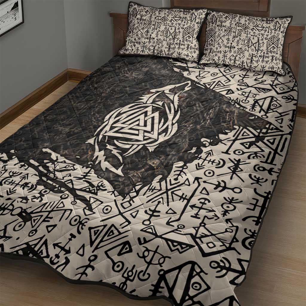 Fenrir Quilt Bed Set with Norse Symbols and Howling Wolf Viking Mythology Tribute - Wonder Print Shop