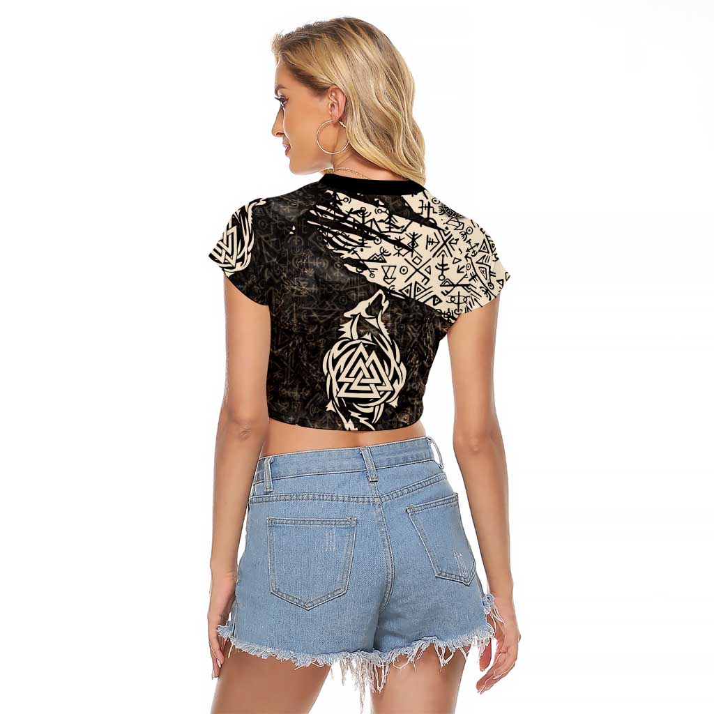 Fenrir Raglan Cropped T Shirt with Norse Symbols and Howling Wolf Viking Mythology Tribute - Wonder Print Shop