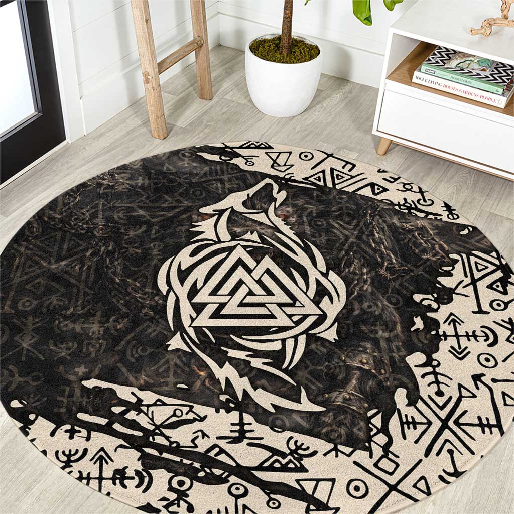 Fenrir Round Carpet with Norse Symbols and Howling Wolf Viking Mythology Tribute - Wonder Print Shop