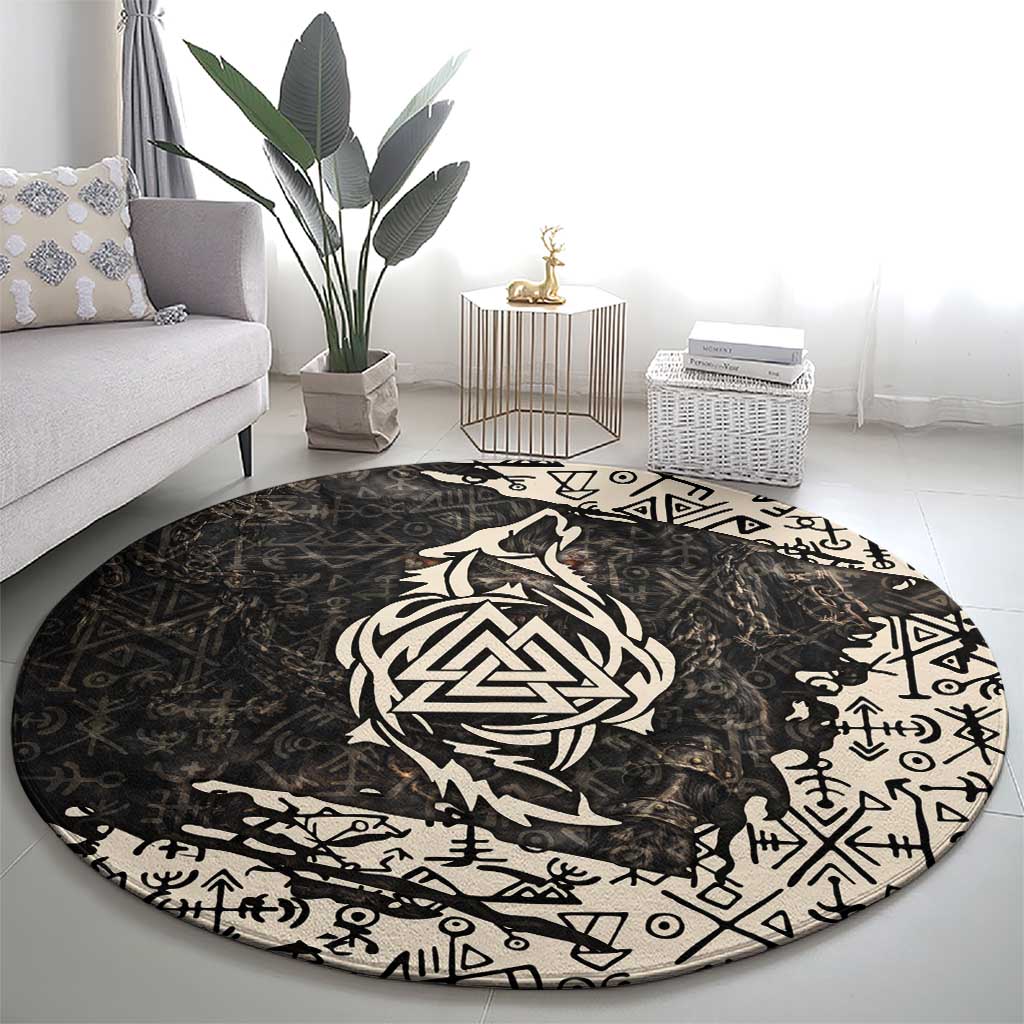 Fenrir Round Carpet with Norse Symbols and Howling Wolf Viking Mythology Tribute - Wonder Print Shop