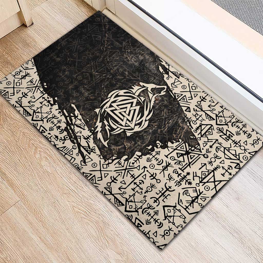 Fenrir Rubber Doormat with Norse Symbols and Howling Wolf Viking Mythology Tribute - Wonder Print Shop