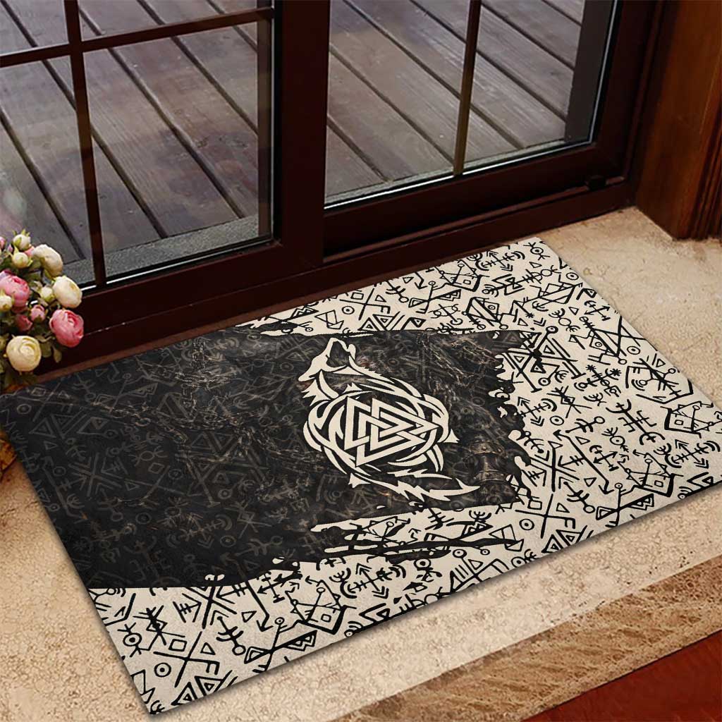Fenrir Rubber Doormat with Norse Symbols and Howling Wolf Viking Mythology Tribute - Wonder Print Shop