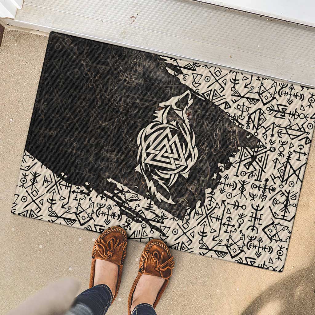 Fenrir Rubber Doormat with Norse Symbols and Howling Wolf Viking Mythology Tribute - Wonder Print Shop