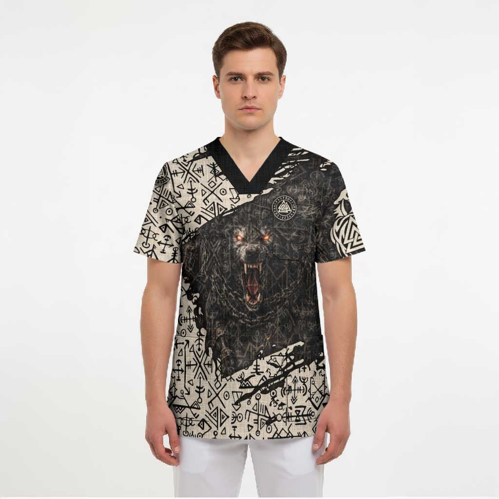 Fenrir Scrub Top with Norse Symbols and Howling Wolf Viking Mythology Tribute - Wonder Print Shop