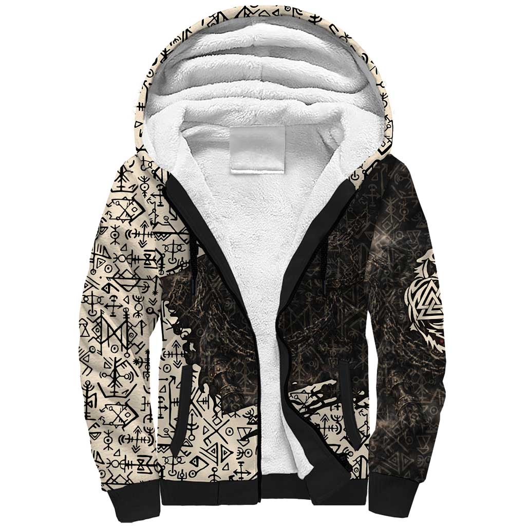 Fenrir Sherpa Hoodie with Norse Symbols and Howling Wolf Viking Mythology Tribute - Wonder Print Shop