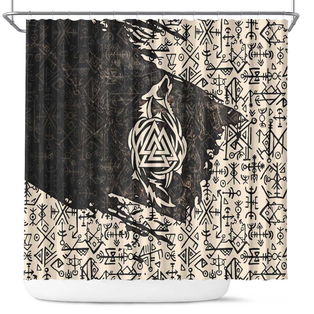 Fenrir Shower Curtain with Norse Symbols and Howling Wolf Viking Mythology Tribute - Wonder Print Shop