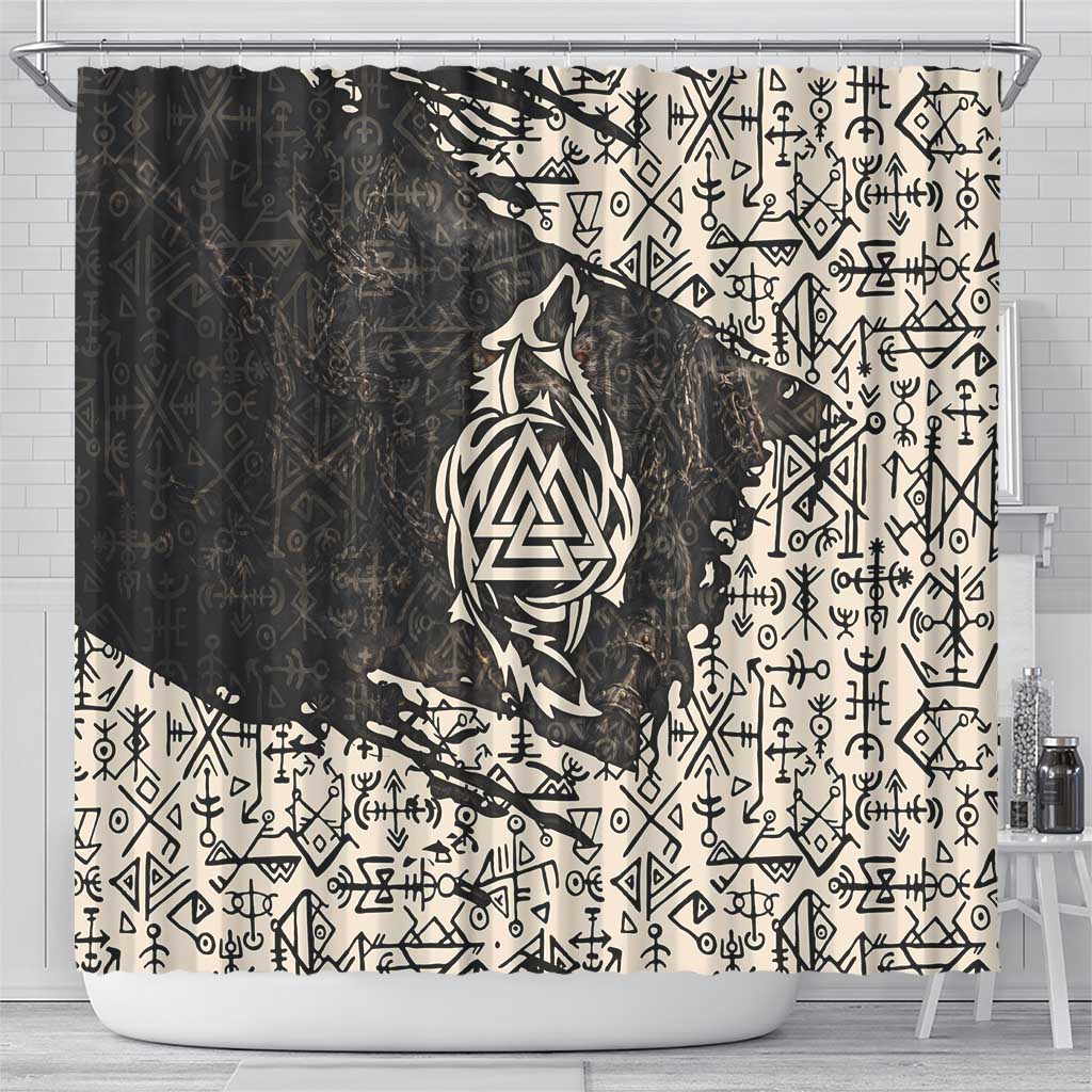 Fenrir Shower Curtain with Norse Symbols and Howling Wolf Viking Mythology Tribute - Wonder Print Shop