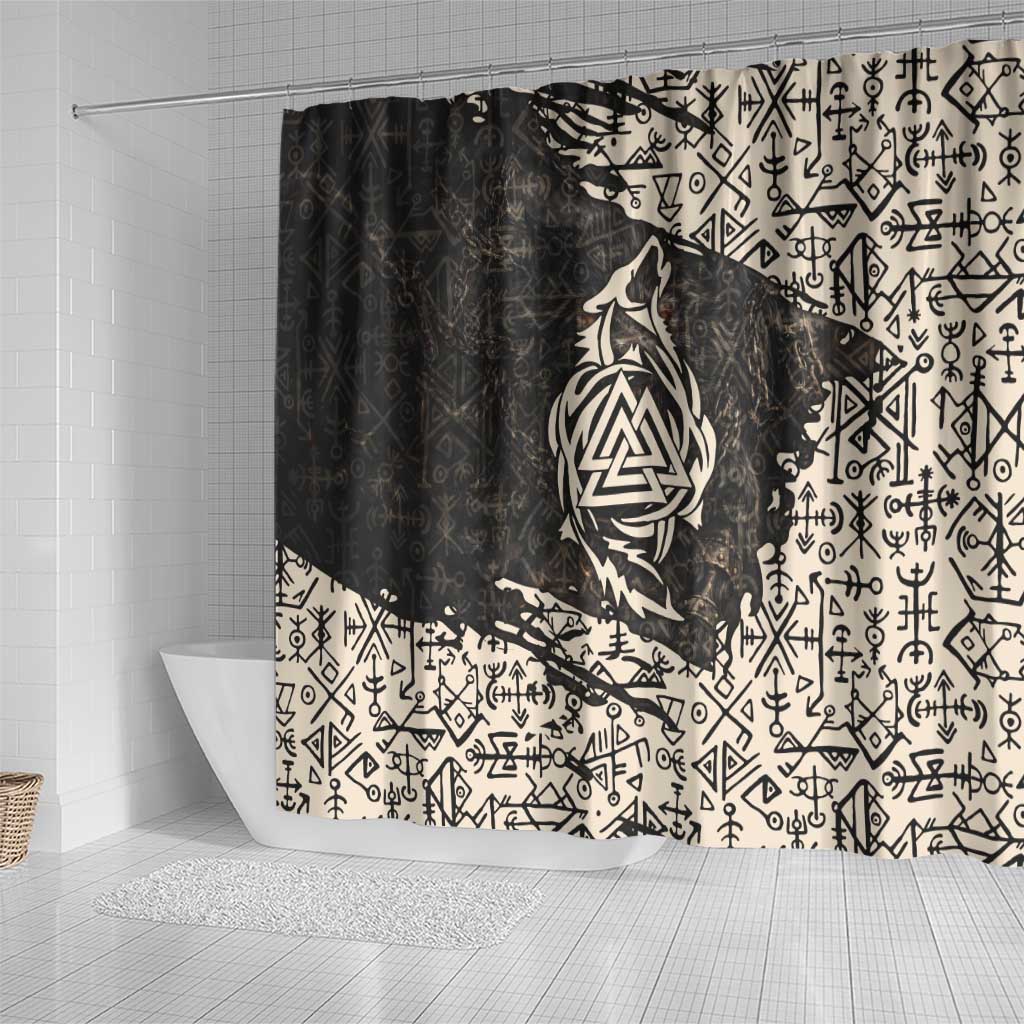 Fenrir Shower Curtain with Norse Symbols and Howling Wolf Viking Mythology Tribute - Wonder Print Shop