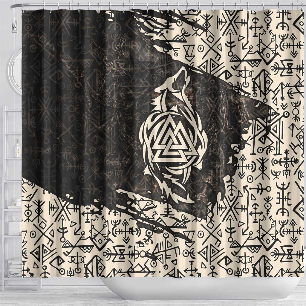 Fenrir Shower Curtain with Norse Symbols and Howling Wolf Viking Mythology Tribute - Wonder Print Shop