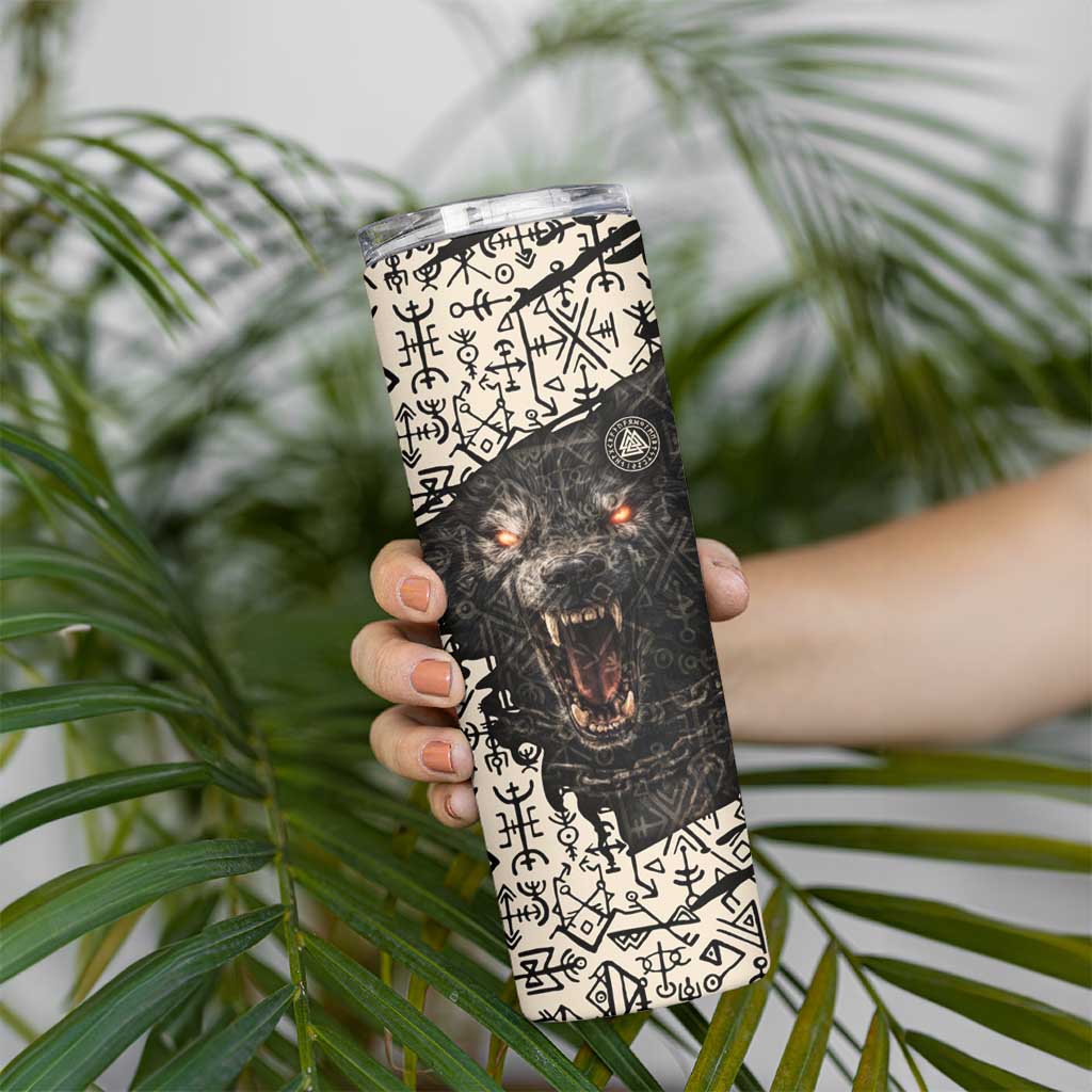 Fenrir Skinny Tumbler with Norse Symbols and Howling Wolf Viking Mythology Tribute - Wonder Print Shop