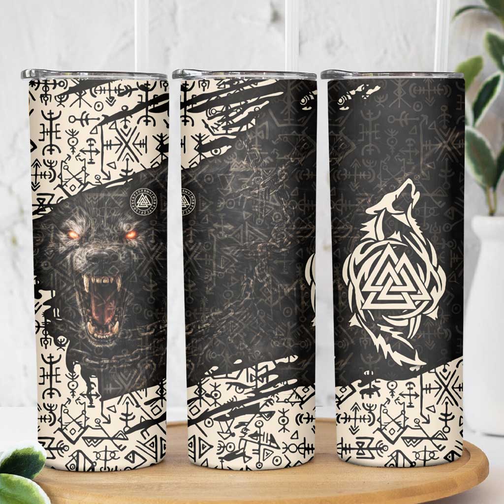 Fenrir Skinny Tumbler with Norse Symbols and Howling Wolf Viking Mythology Tribute - Wonder Print Shop