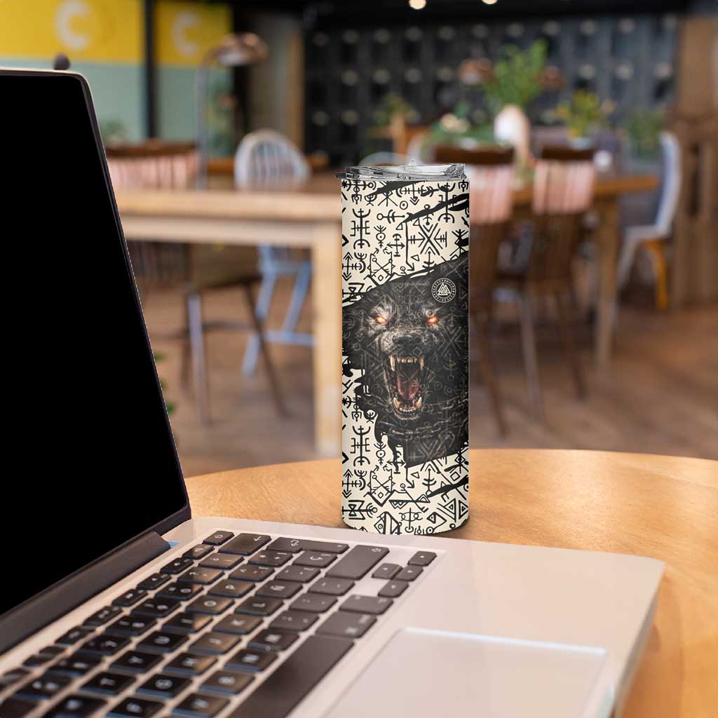 Fenrir Skinny Tumbler with Norse Symbols and Howling Wolf Viking Mythology Tribute - Wonder Print Shop