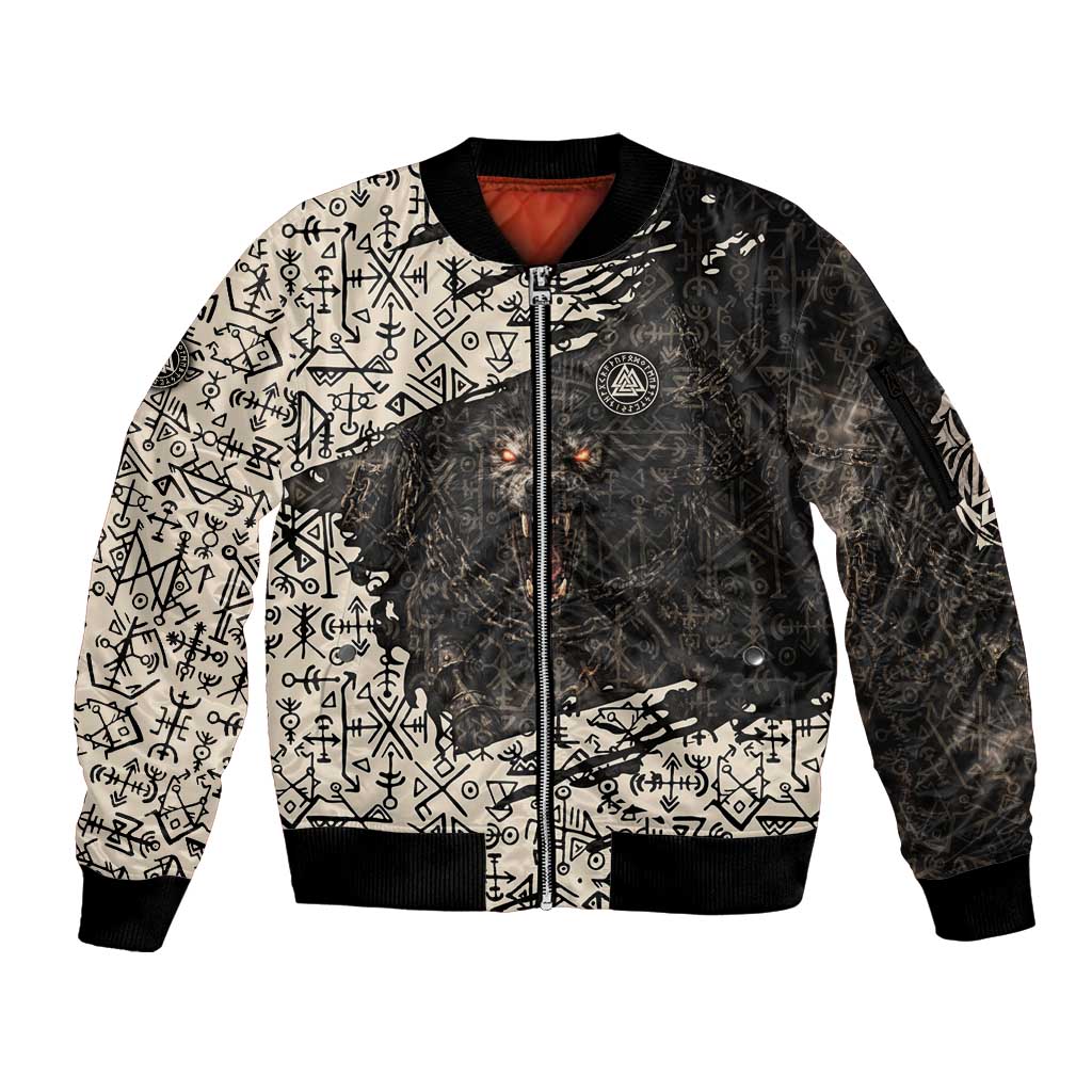 Fenrir Sleeve Zip Bomber Jacket with Norse Symbols and Howling Wolf Viking Mythology Tribute - Wonder Print Shop