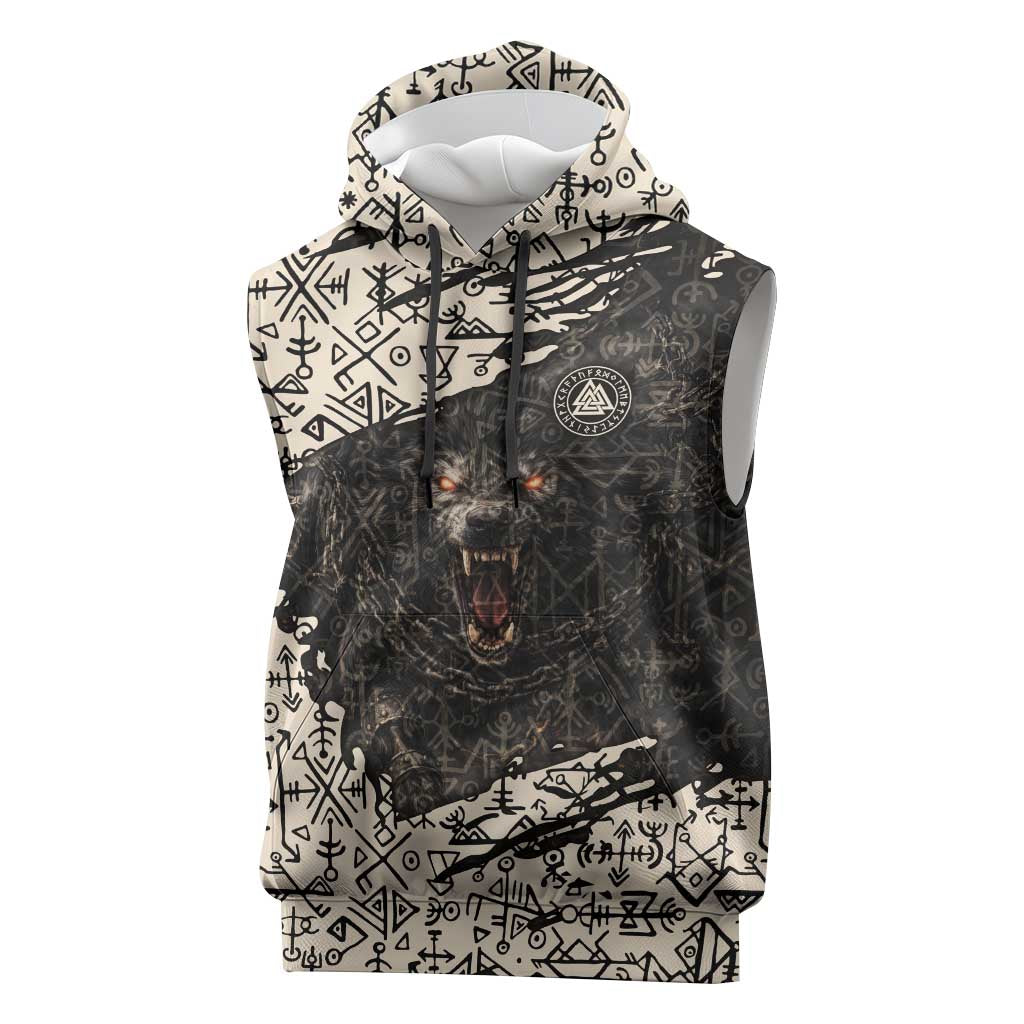 Fenrir Sleeveless Hoodie with Norse Symbols and Howling Wolf Viking Mythology Tribute - Wonder Print Shop