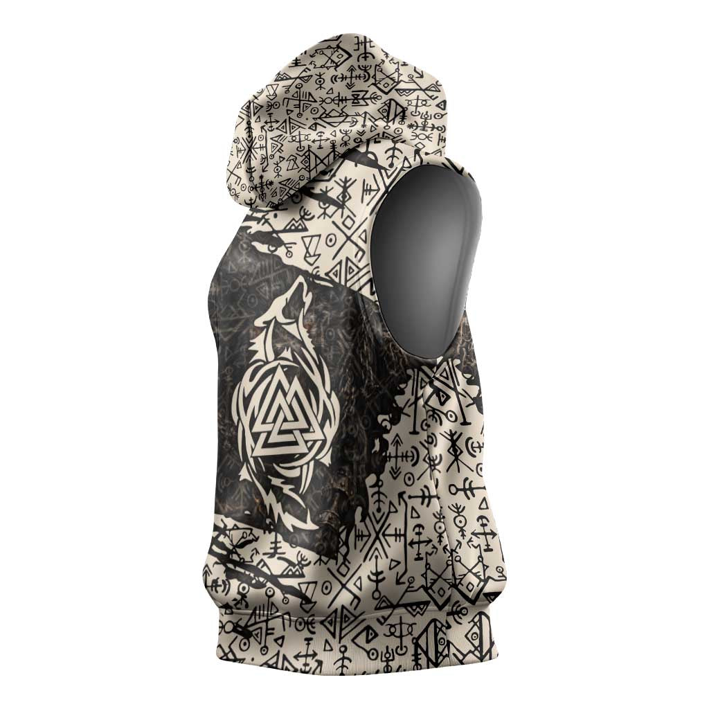 Fenrir Sleeveless Hoodie with Norse Symbols and Howling Wolf Viking Mythology Tribute - Wonder Print Shop