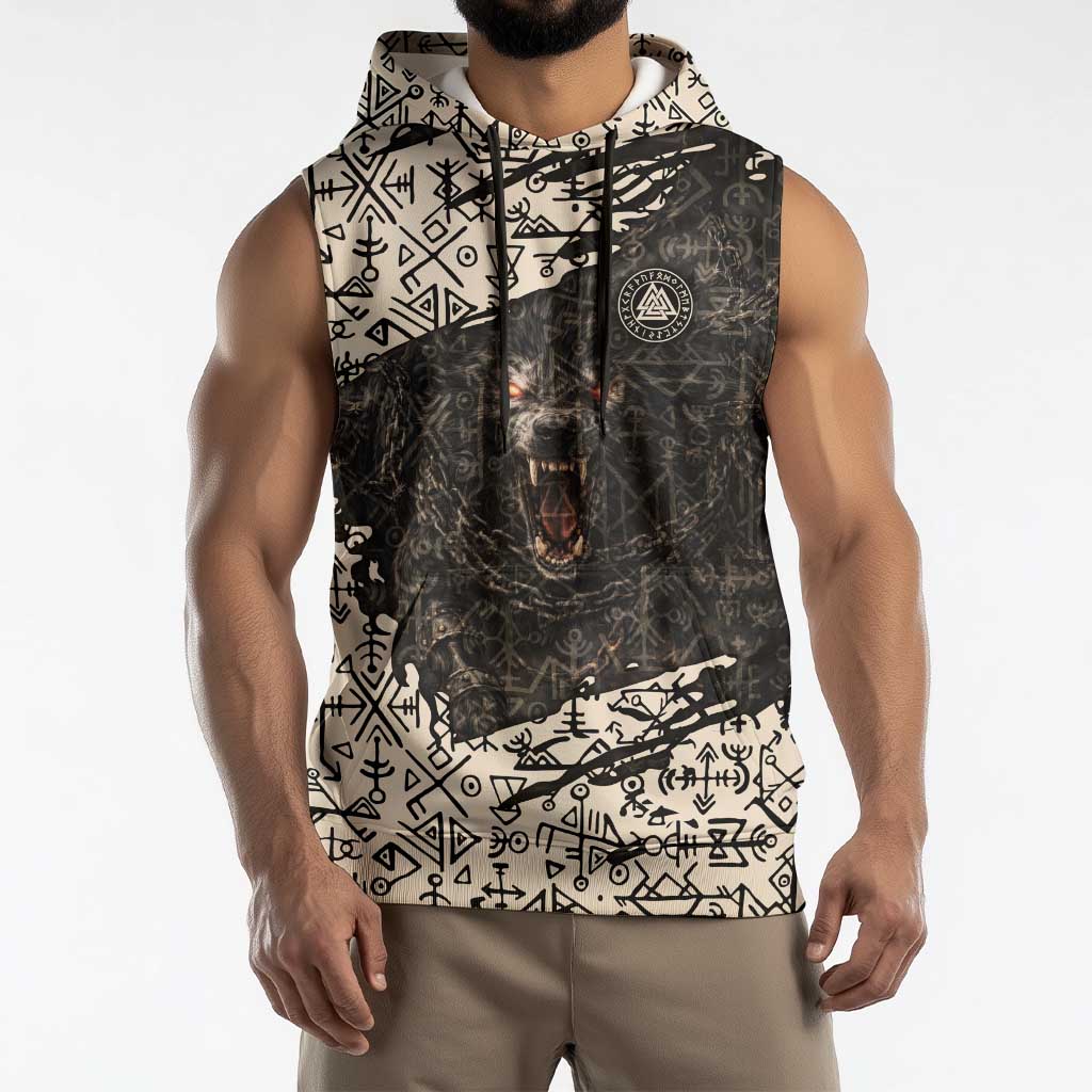 Fenrir Sleeveless Hoodie with Norse Symbols and Howling Wolf Viking Mythology Tribute - Wonder Print Shop