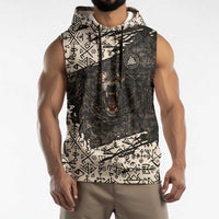 Fenrir Sleeveless Hoodie with Norse Symbols and Howling Wolf Viking Mythology Tribute - Wonder Print Shop