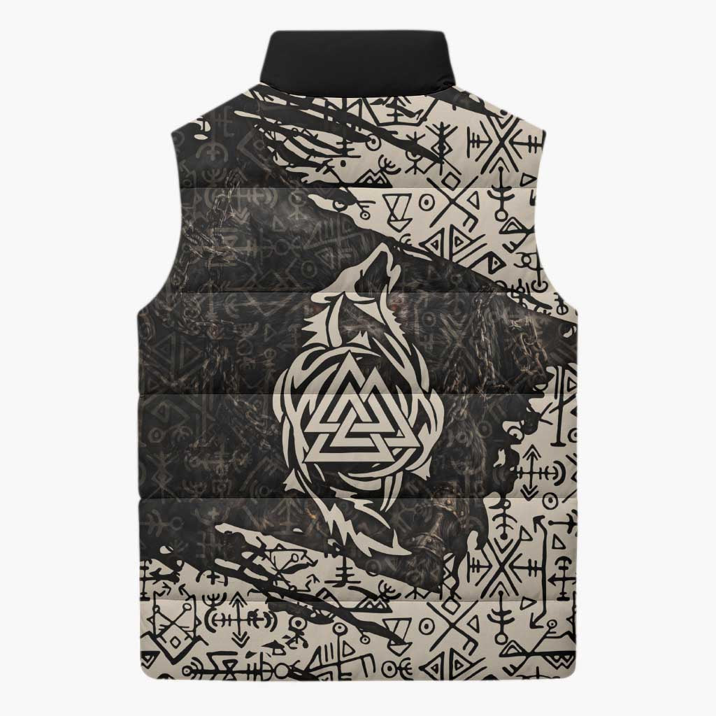 Fenrir Sleeveless Puffer Jacket with Norse Symbols and Howling Wolf Viking Mythology Tribute - Wonder Print Shop