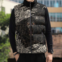 Fenrir Sleeveless Puffer Jacket with Norse Symbols and Howling Wolf Viking Mythology Tribute - Wonder Print Shop
