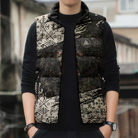 Fenrir Sleeveless Puffer Jacket with Norse Symbols and Howling Wolf Viking Mythology Tribute - Wonder Print Shop