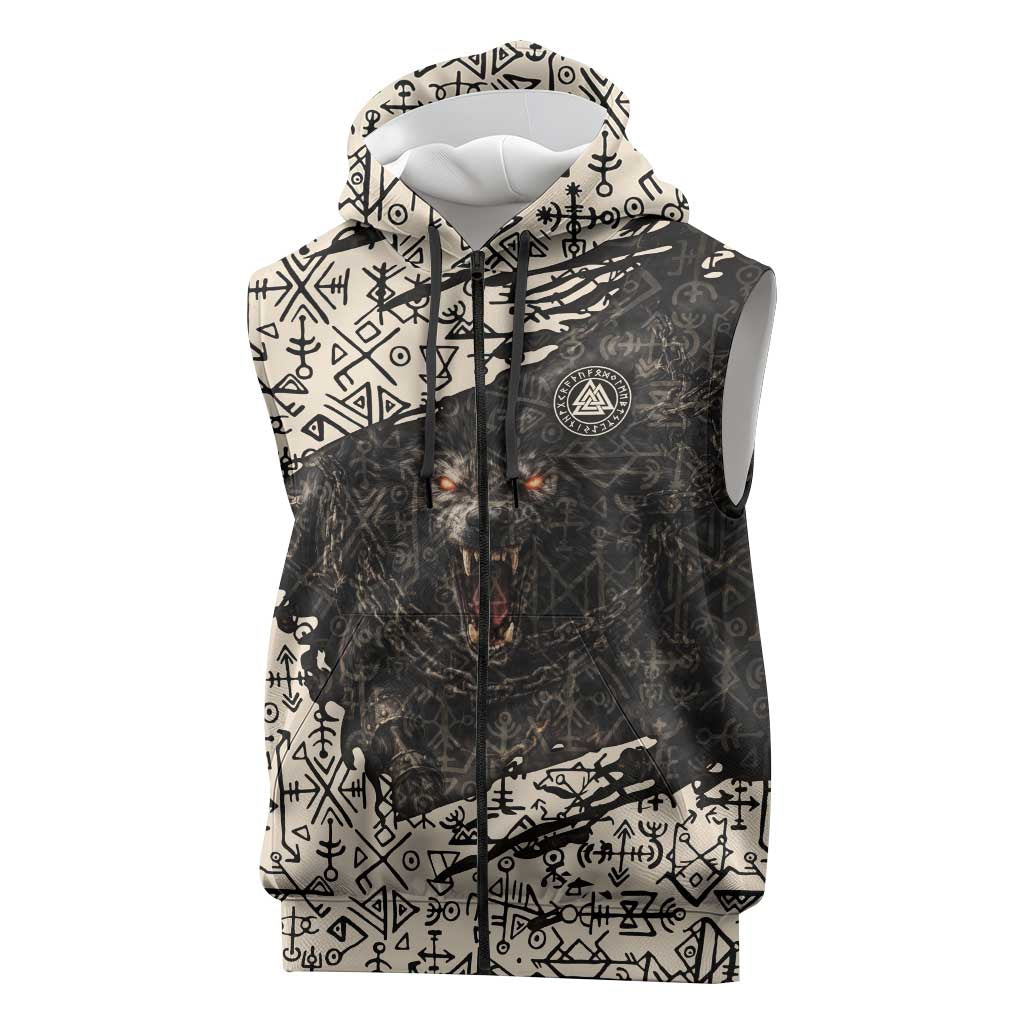 Fenrir Sleeveless Zip Hoodie with Norse Symbols and Howling Wolf Viking Mythology Tribute - Wonder Print Shop