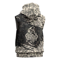 Fenrir Sleeveless Zip Hoodie with Norse Symbols and Howling Wolf Viking Mythology Tribute - Wonder Print Shop