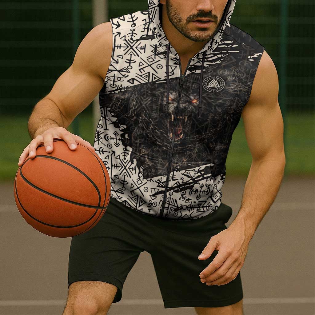 Fenrir Sleeveless Zip Hoodie with Norse Symbols and Howling Wolf Viking Mythology Tribute - Wonder Print Shop