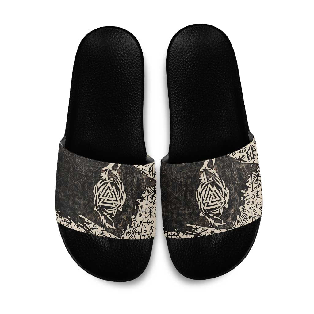 Fenrir Slide Sandals with Norse Symbols and Howling Wolf Viking Mythology Tribute - Wonder Print Shop