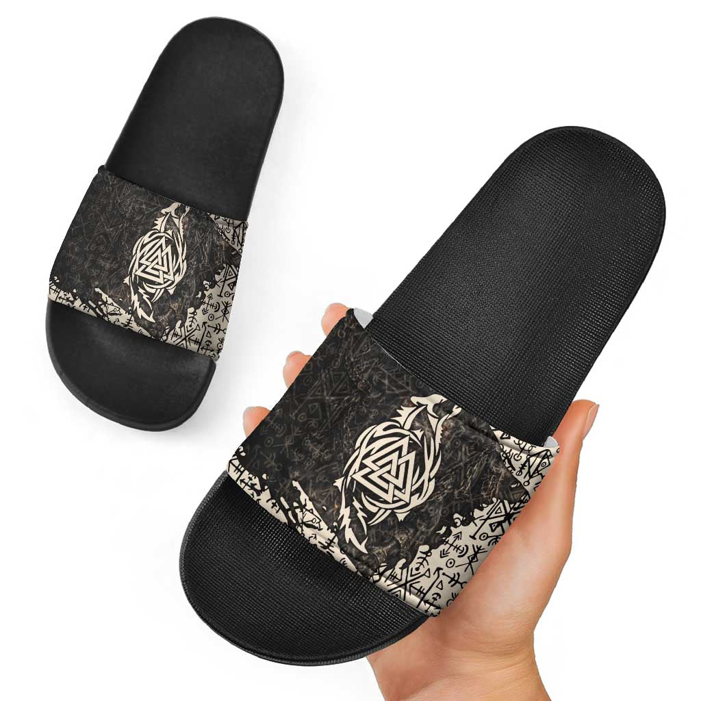 Fenrir Slide Sandals with Norse Symbols and Howling Wolf Viking Mythology Tribute - Wonder Print Shop