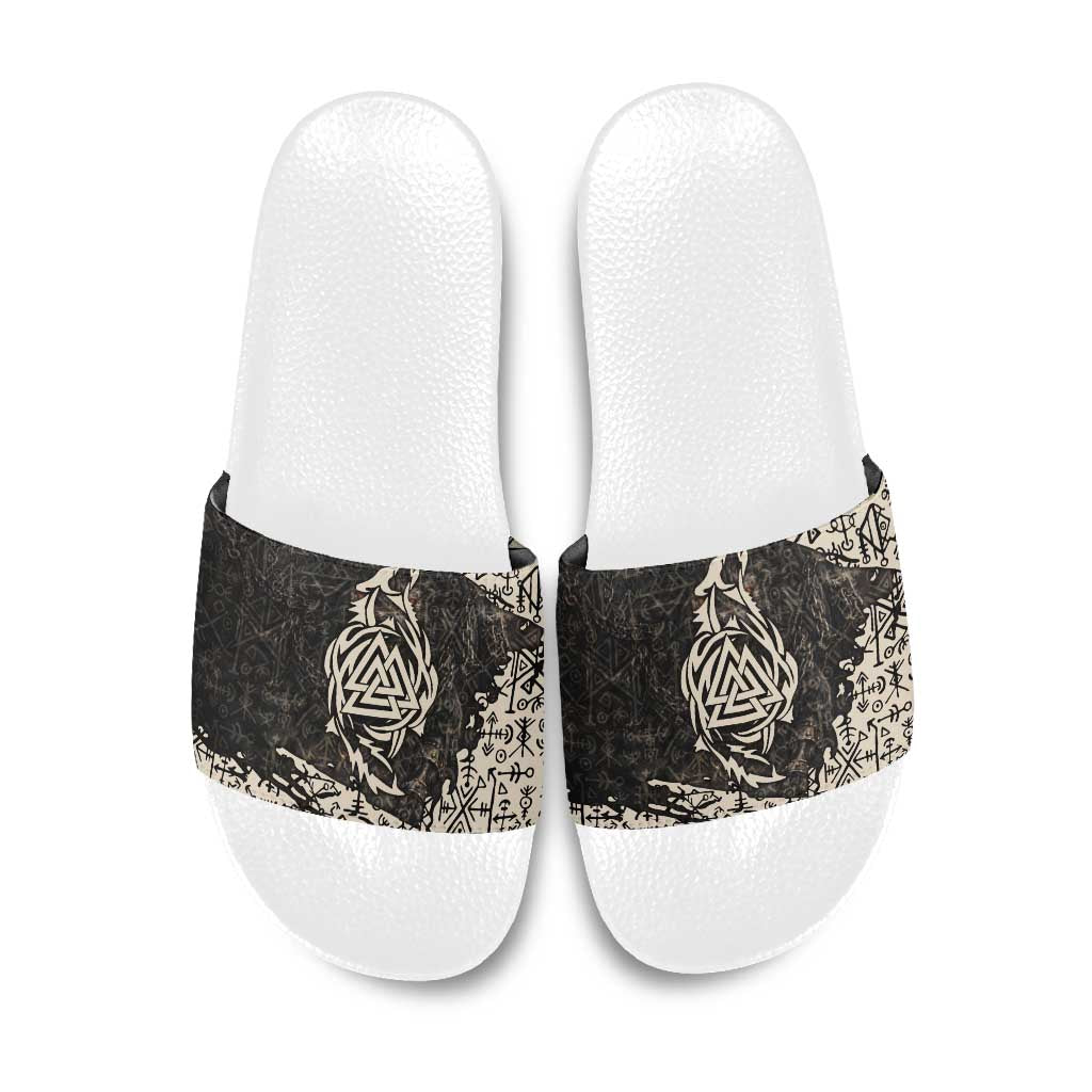 Fenrir Slide Sandals with Norse Symbols and Howling Wolf Viking Mythology Tribute - Wonder Print Shop