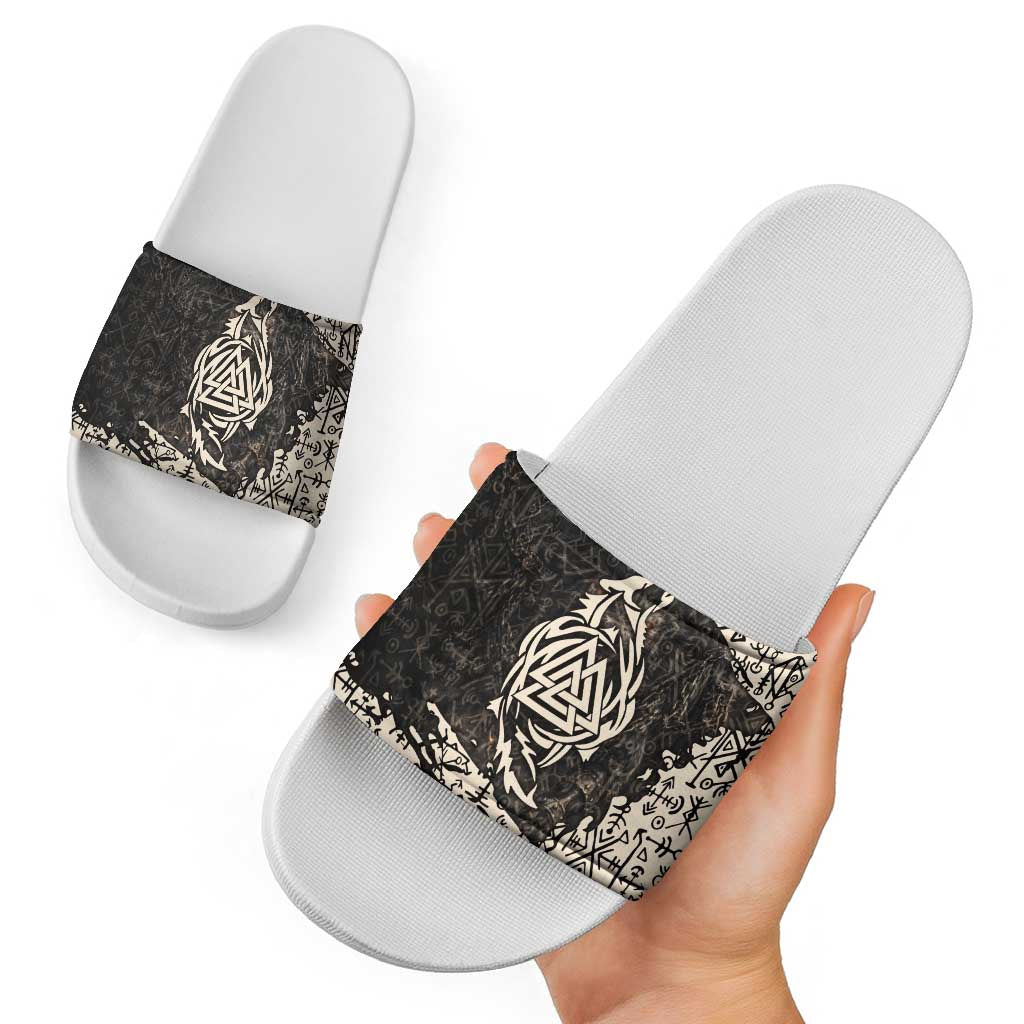 Fenrir Slide Sandals with Norse Symbols and Howling Wolf Viking Mythology Tribute - Wonder Print Shop